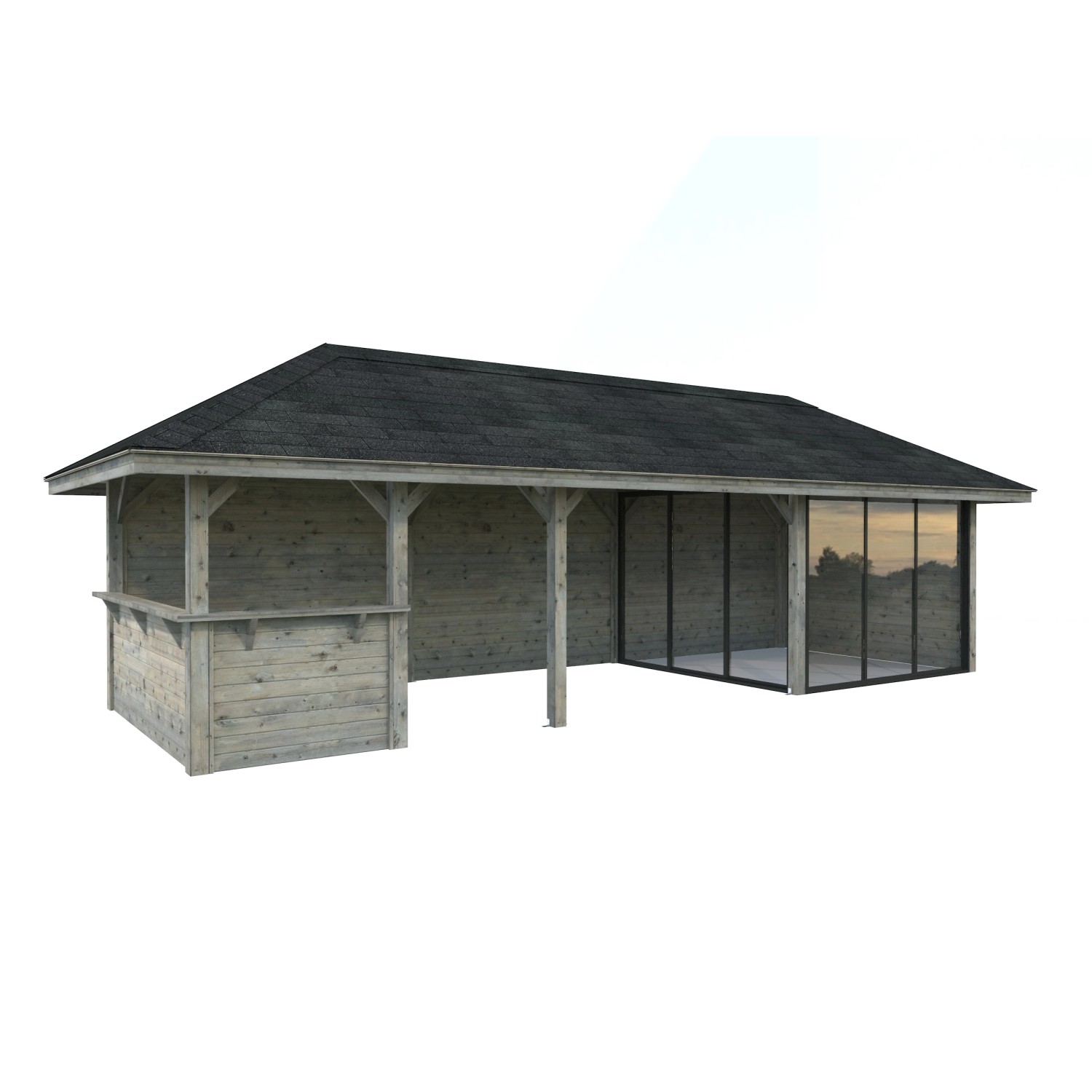 Grau tauchgrundierter Palmako Pavillon Bianca Set 215 mit Schiebetüren und Tresenanlage.