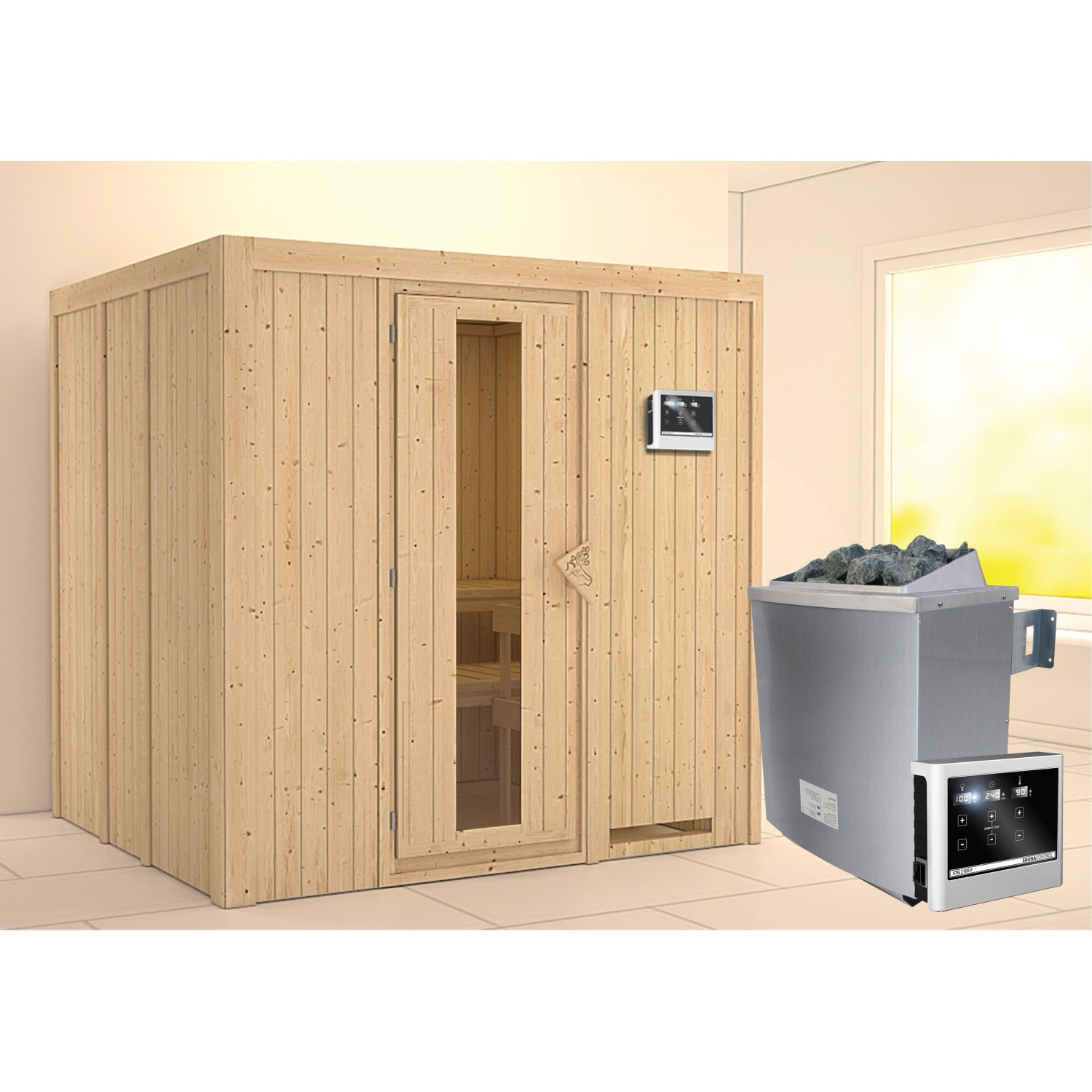 Karibu Sauna-Set Stina mit Ofen und Steuerung. Elementsauna aus Fichte mit Glastür und Ofen.