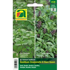 Austrosaat Basilikum Cinamonette & Siam Queen Saatgutpackung mit zwei Sorten.