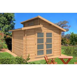 Braunes Alpholz Gartenhaus Aktiva mit Pultdach, 360x360 cm. Holz-Gartenhaus mit Doppeltür und Fenster.