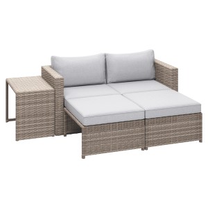 Balkonmöbel-Set Olea Mini, 5-teilig, Polyrattan hellgrau, mit Tisch, Sesseln und Hockern.