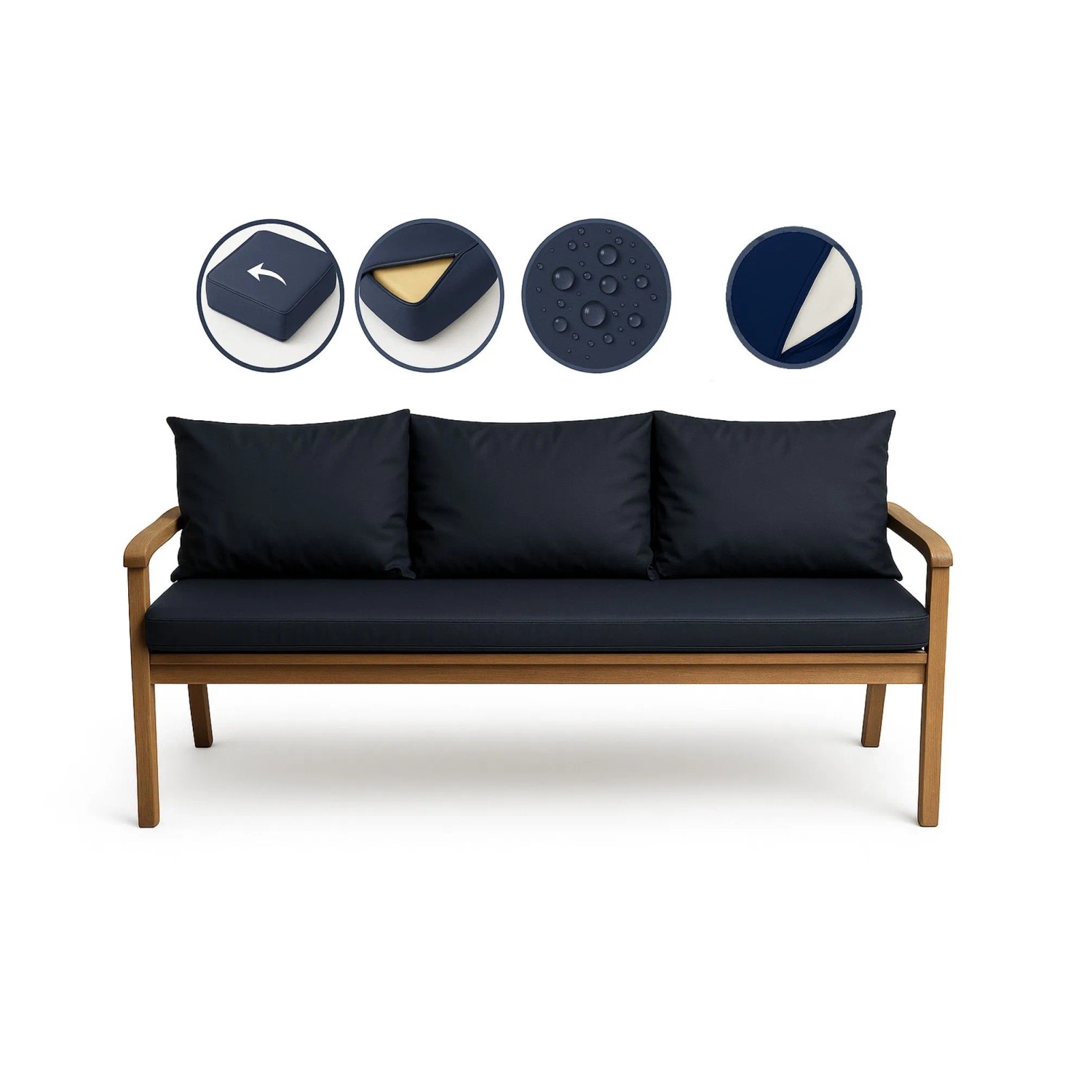 Marineblaues Bankkissen-Set für 3-Sitzer Gartenbank, 160x60 cm + 3 Rückenkissen.