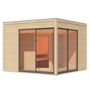 Karibu Saunahaus Cubulis 3 Set A, naturbelassen, mit Glasfront und Holzwänden.