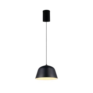 Schwarze, matte PLTova Pendelleuchte mit glockenförmigem Metallschirm und weißer Innenseite. Ideal für moderne Wohnräume.