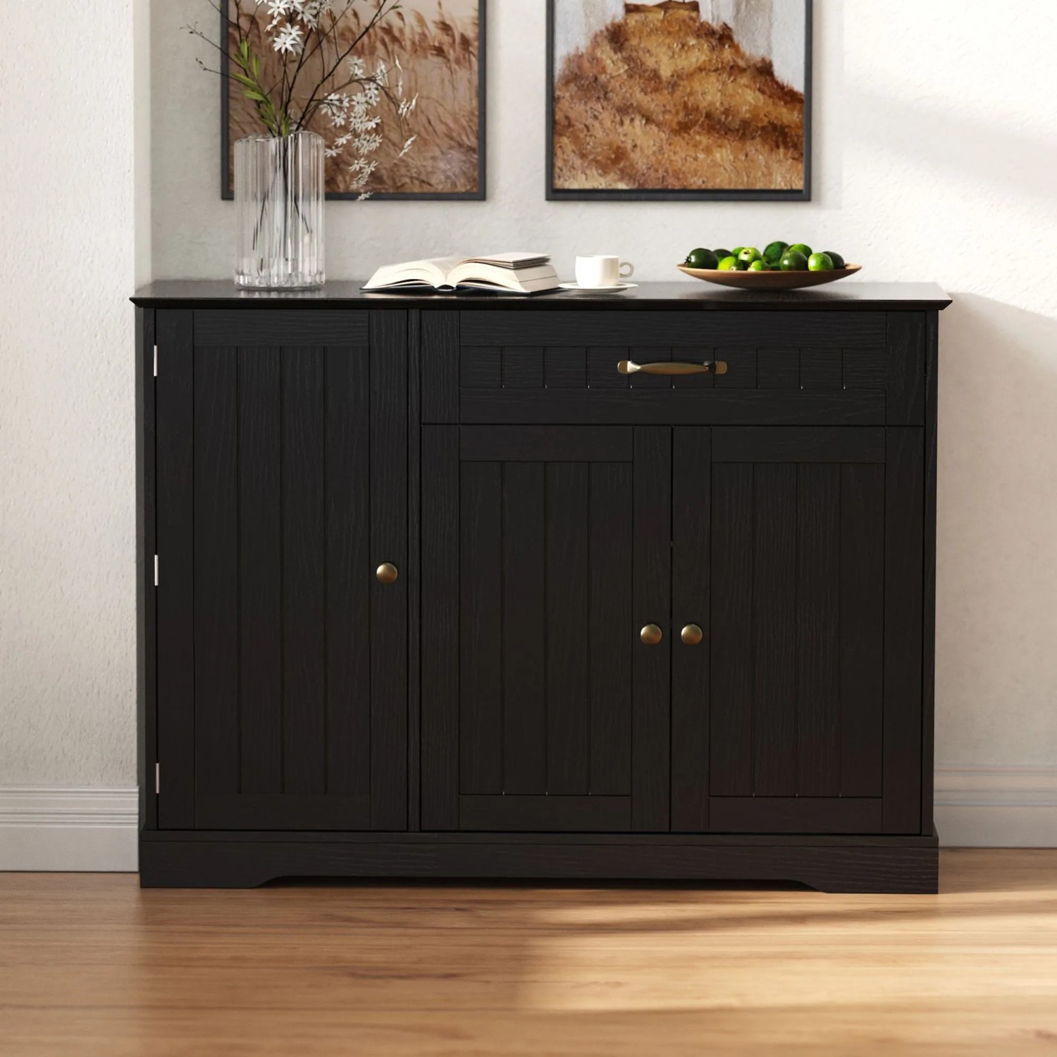 okwish Sideboard mit 3Türen Schublade Wohnzimmer Diele 107x83x40cm Schwarz kaufen bei OBI