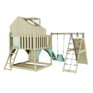 PolarPlay Babyschaukel Anika mintgrün mit Spielturm, Rutsche und Kletterwand.