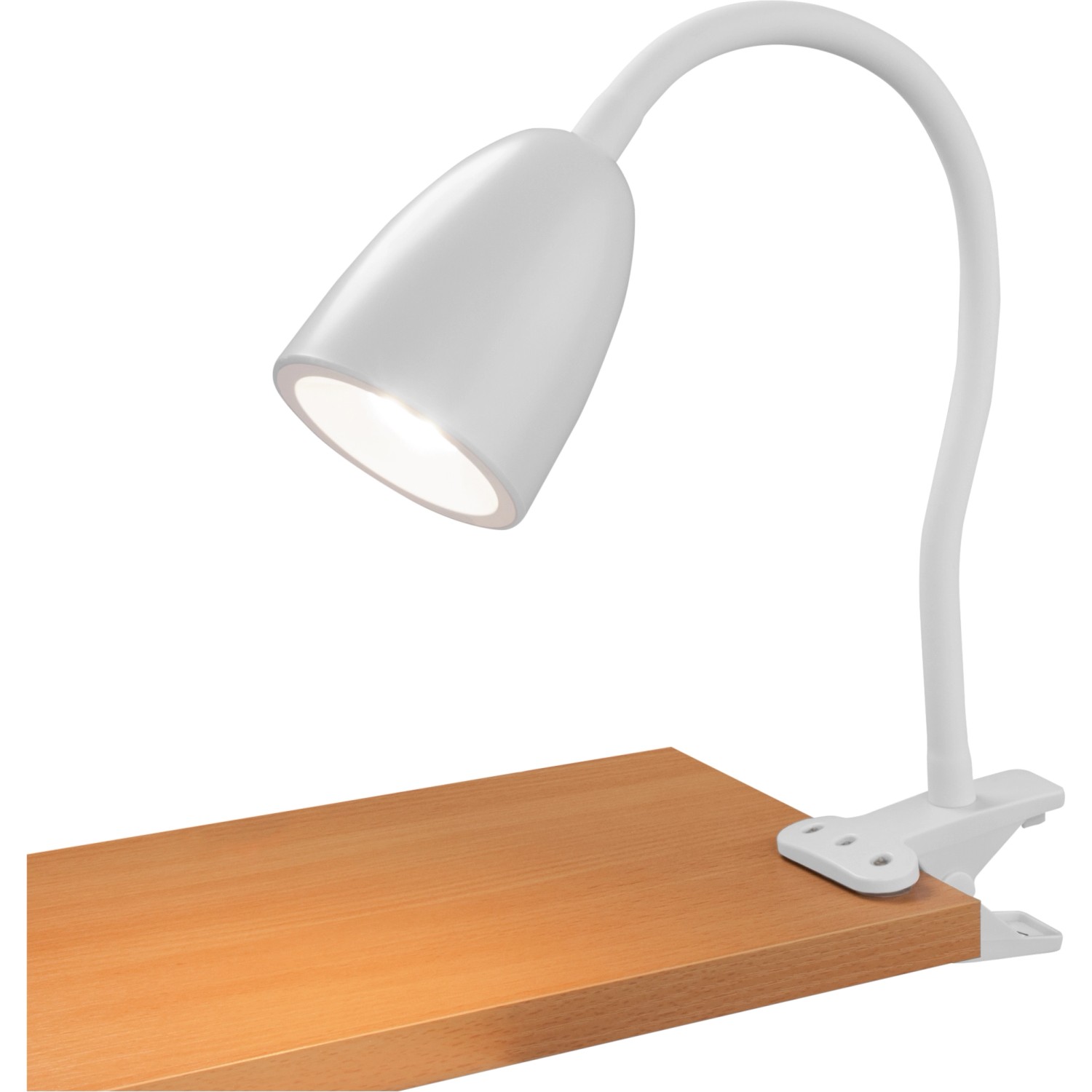 Weiße LED-Klemmleuchte Vidorni mit flexiblem Hals zur punktgenauen Ausleuchtung.