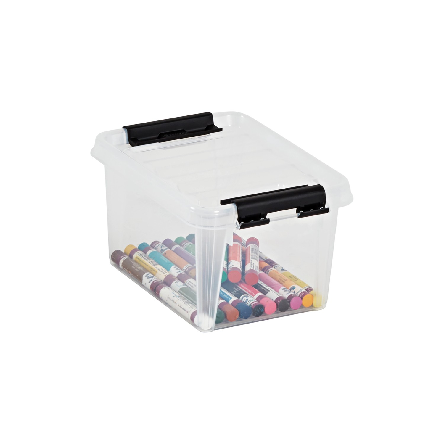 Transparente SmartStore Aufbewahrungsbox Classic 1,5 l mit Buntstiften.