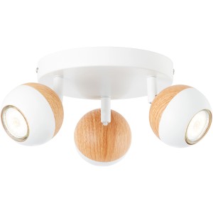 Brilliant LED-Spotrondell Scan, 3-flammig, weiß und Holz. Deckenleuchte mit drei schwenkbaren Spots.