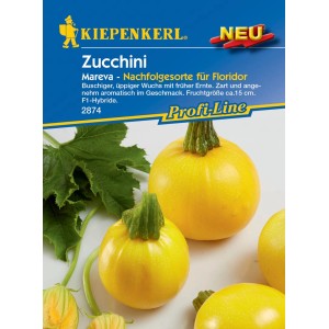 Kiepenkerl Zucchini Mareva Samenpackung mit gelben, runden Zucchinis.