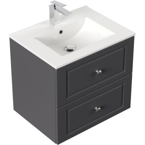 Posseik Waschbeckenunterschrank Cottage, anthrazit, 62 cm breit, mit zwei Schubladen und Aufsatzwaschbecken.