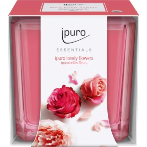 ipuro Duftkerze Essantials Lovely Flowers, 125g, mit floralem Dekor und rosa Wachs.