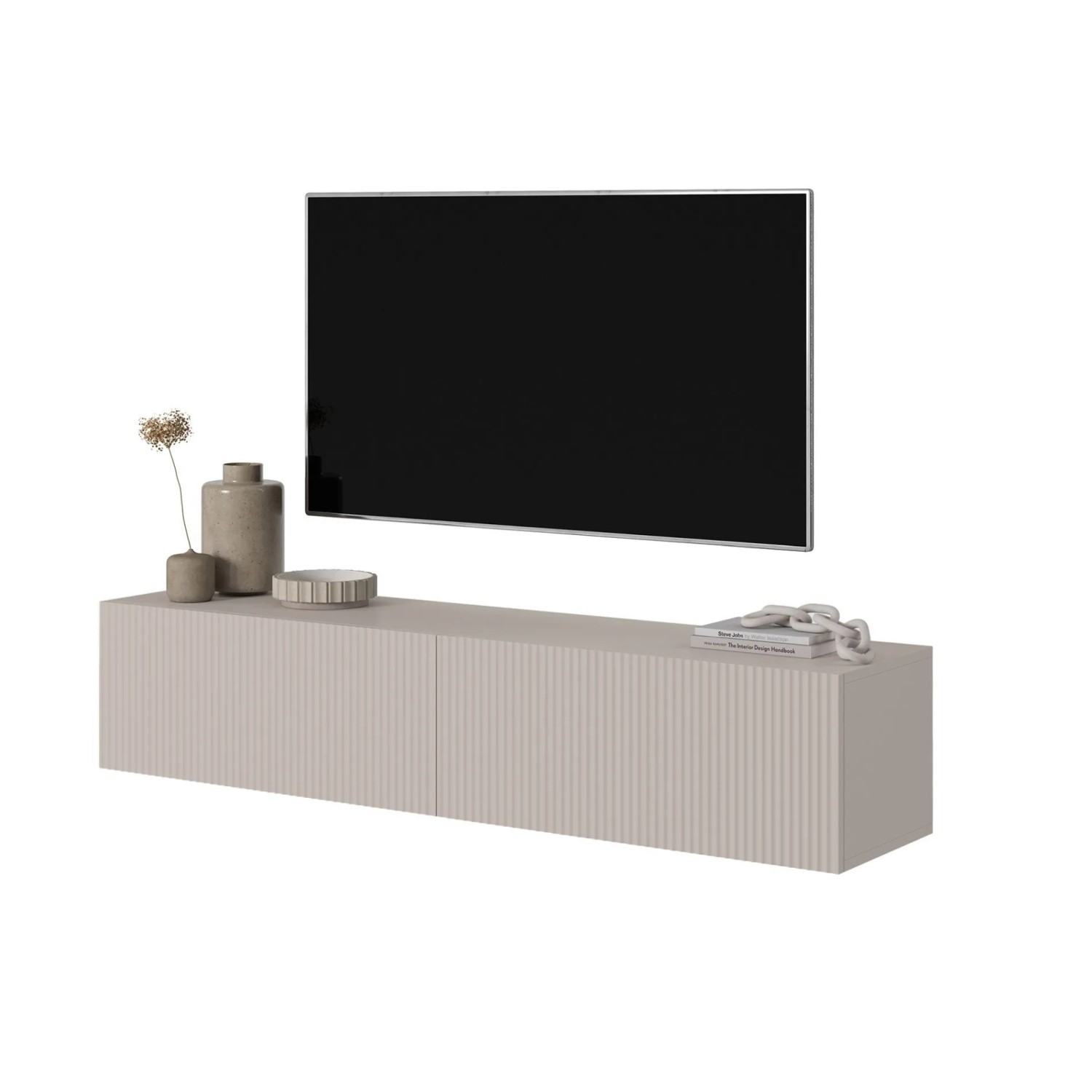 Selsey Veldio TV-Hängeboard 140 cm in Greige mit geriffelter Lamellenfront, matt, unter TV.