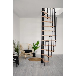 Minka Spindeltreppe Suono, 120x68 cm, Buche-Schwarz, platzsparende Innentreppe für kleine Räume.