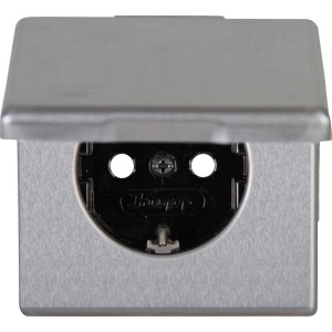 Kopp Steckdose Vision Stahl mit Klappdeckel, Schutzkontakt und Kinderschutz.