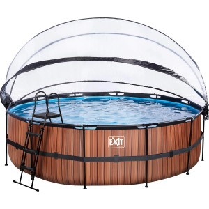EXIT Wood Pool, Ø 488 cm, mit Abdeckung, Leiter und Wärmepumpe. Stahlrahmenpool in Holzoptik.