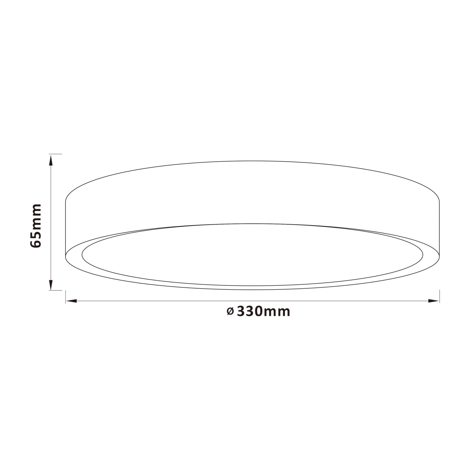 Skizze der runden, smarten LED-Deckenleuchte Vadin in Schwarz/Weiß mit Maßangaben (Ø 33cm).