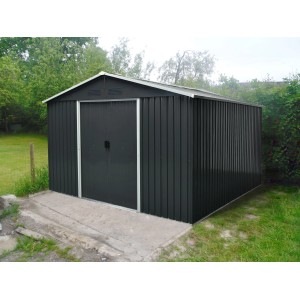 Pergart Gerätehaus Dresden II in Schiefer-Creme, Metall Gerätehaus mit Doppeltür.