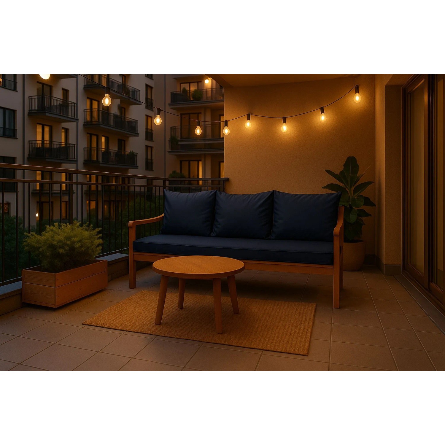 Marineblaues Bankkissen-Set für 3-Sitzer Gartenbank (170x50 cm) mit Rückenkissen auf Balkon.