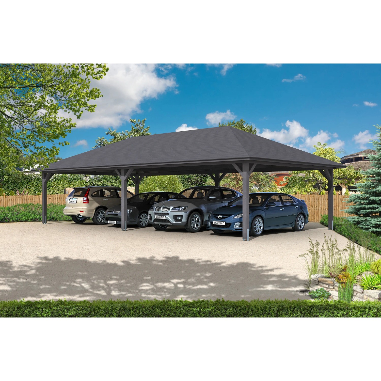 Skan Holz Carport Taunus, schiefergrau, 1176x634 cm, mit Zeltdach und Leimholzkonstruktion.