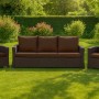 Braunes 3-Sitzer Gartensofa mit 2 Sesseln und Kissen aus Polyrattan für Garten oder Terrasse.