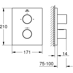 Technische Zeichnung: Grohe Grotherm F Thermostat Chrom mit Maßen für Duschzubehör.
