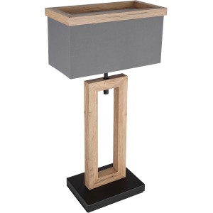 Schwarze Globo Design-Tischlampe Ossi mit anthrazitfarbenem Schirm und Holz-Optik, 55 cm hoch.