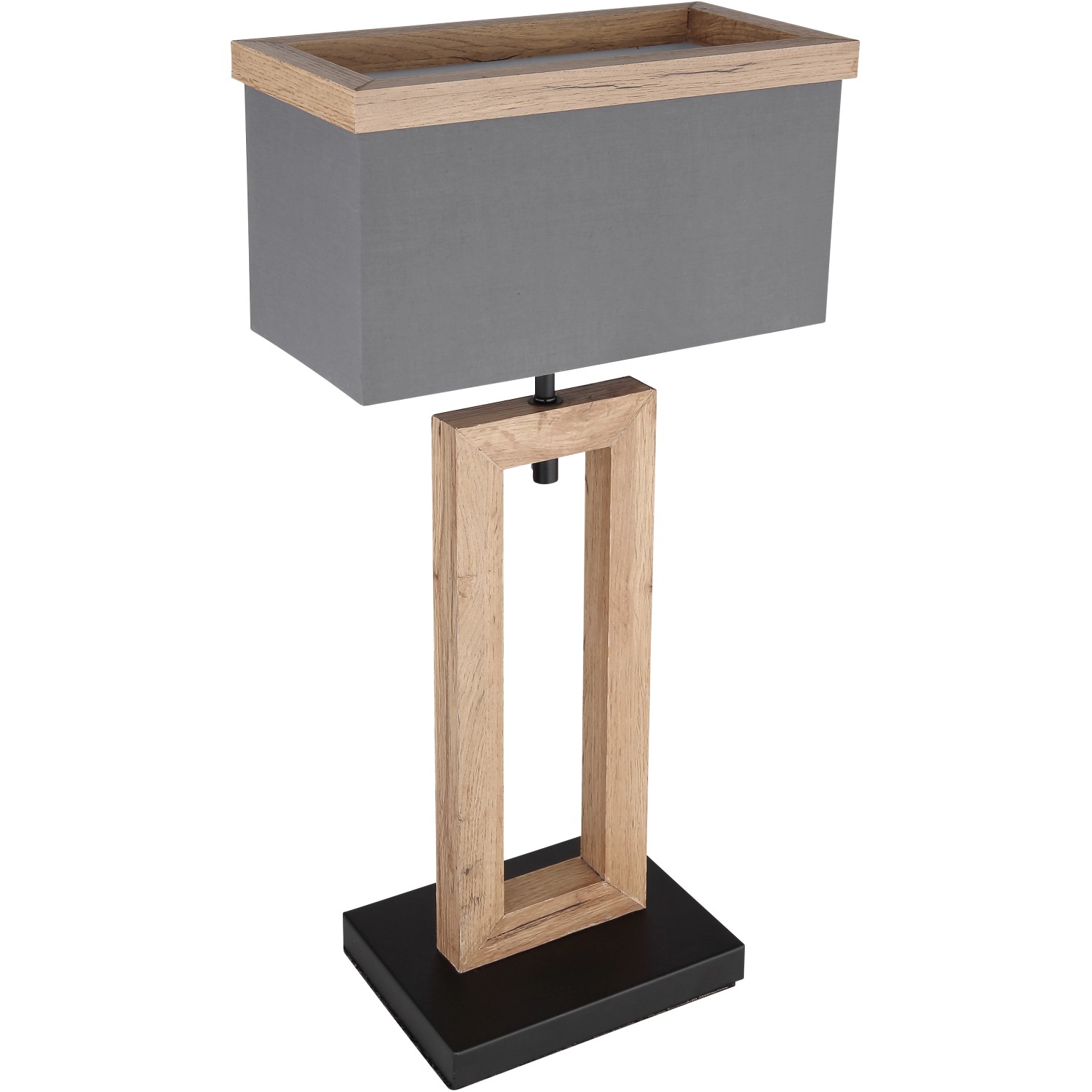 Schwarze Globo Design-Tischlampe Ossi mit anthrazitfarbenem Schirm und Holz-Optik, 55 cm hoch.