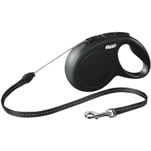 Schwarze Flexi Seil-Roll-Leine New Classic, Größe S, 8 m. Hundeleine mit Bremssystem und reflektierenden Streifen.