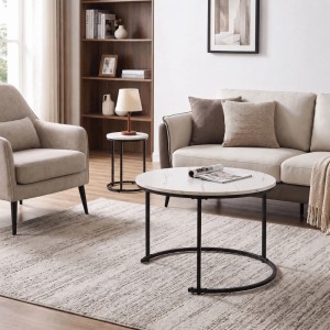 Relaxdays Satztisch 2er Set MDF Eisen Weiß Schwarz Rund Marmoroptik 45,5 cm x 60 cm 35,5 cm x 40 cm