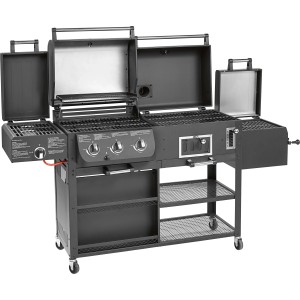 Jamestown Kombigrill Drake: Gas-, Holzkohlegrill und Smoker in einem. Grillroste aus Gusseisen, mit Ablageflächen und Rädern.