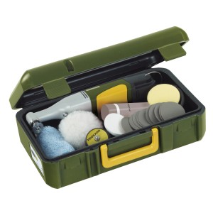 Proxxon Winkelpolierer WP/E Set im Koffer mit Zubehör wie Polierschwamm, Schleifscheiben und Polieremulsion.