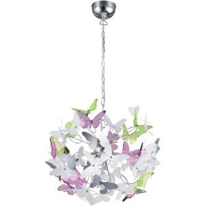 Moderne Reality Pendelleuchte Butterfly in Chrom mit bunten Schmetterlingen, 150x50x50cm.