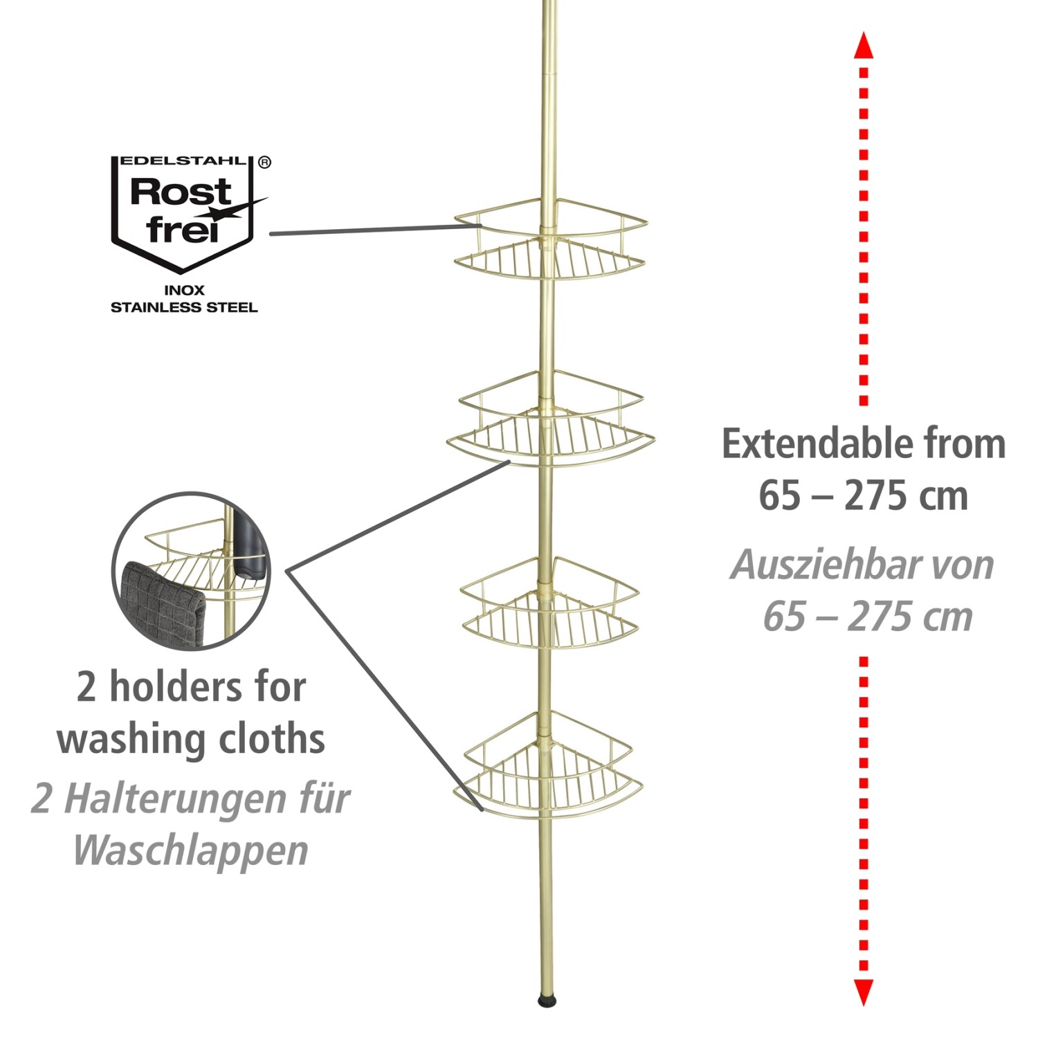 Wenko Teleskop-Eckregal Dolcedo, Badregal aus rostfreiem Edelstahl, Gold matt, mit 4 Ablagekörben.