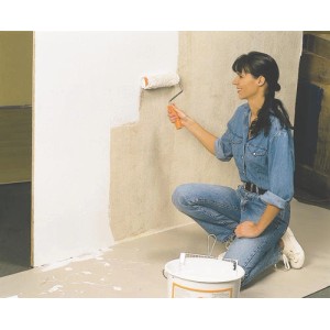 Frau streicht Wand mit Farbroller, LUX Auslegepapier schützt den Boden.