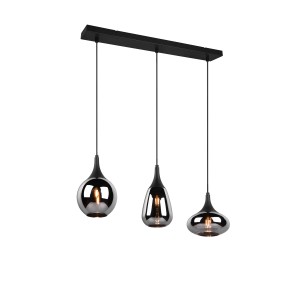 Schwarze, matte Trio Pendelleuchte Lumina mit drei chrombedampften Glasschirmen in unterschiedlicher Form.