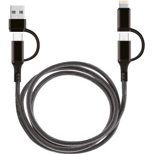 Schwarzes 4-in-1 USB Lade- und Datenkabel mit USB-A, USB-C & Lightning Anschluss.