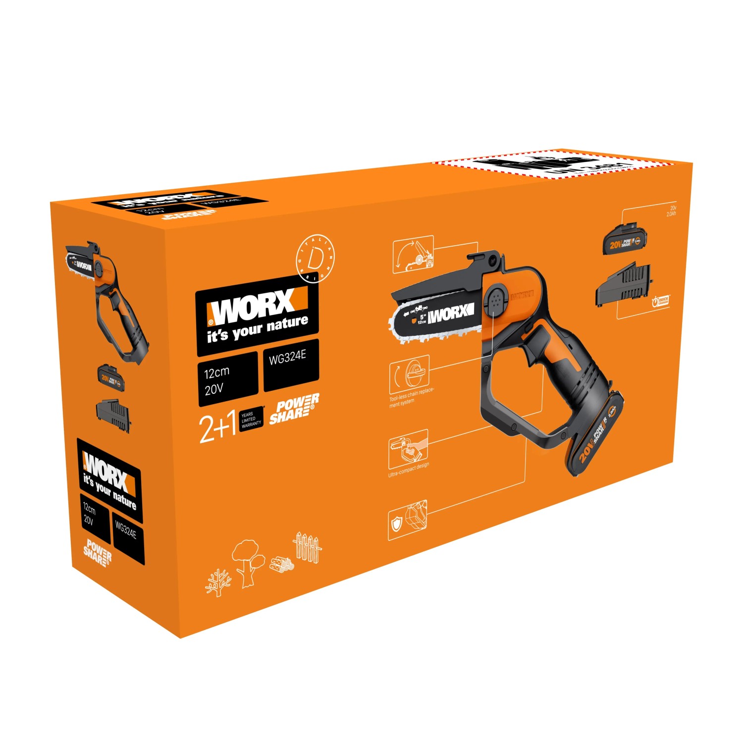 Worx Akku-Einhand Ast-Kettensäge WG324E 20V im Karton, ideal für Baumschnitt.
