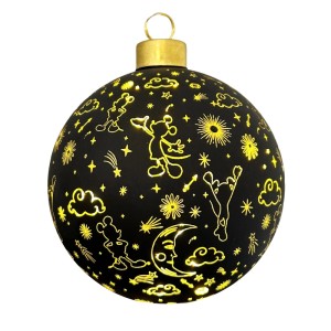 Beleuchtete schwarze Disney Glas-Weihnachtskugel mit Mickey Mouse, Sternen und Mondmotiven, goldener Kappe.