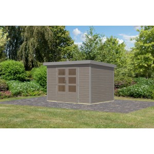 Karibu Gartenhaus Diego 4 in Wassergrau/Graualuminium mit Doppeltür im Garten.