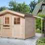OBI Holz-Gartenhaus Bozen mit Flachdach und Anbau, unbehandelt. Ideal als Gerätehaus oder Gartenlaube.