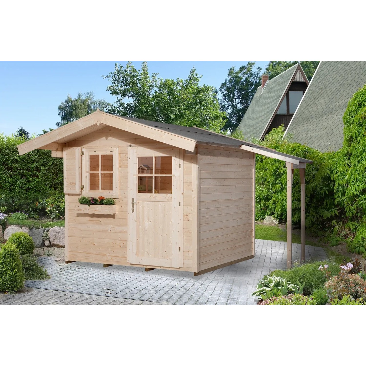 OBI Holz-Gartenhaus Bozen mit Flachdach und Anbau, unbehandelt. Ideal als Gerätehaus oder Gartenlaube.