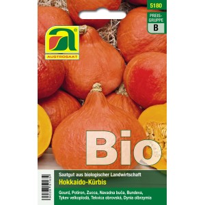 Saatgutpackung Austrosaat Bio Hokkaido-Kürbis mit orangen Kürbissen.