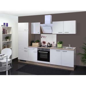 Küchenzeile Valero 270 cm in Weiß Hochglanz/Sonoma Eiche mit E-Geräten.