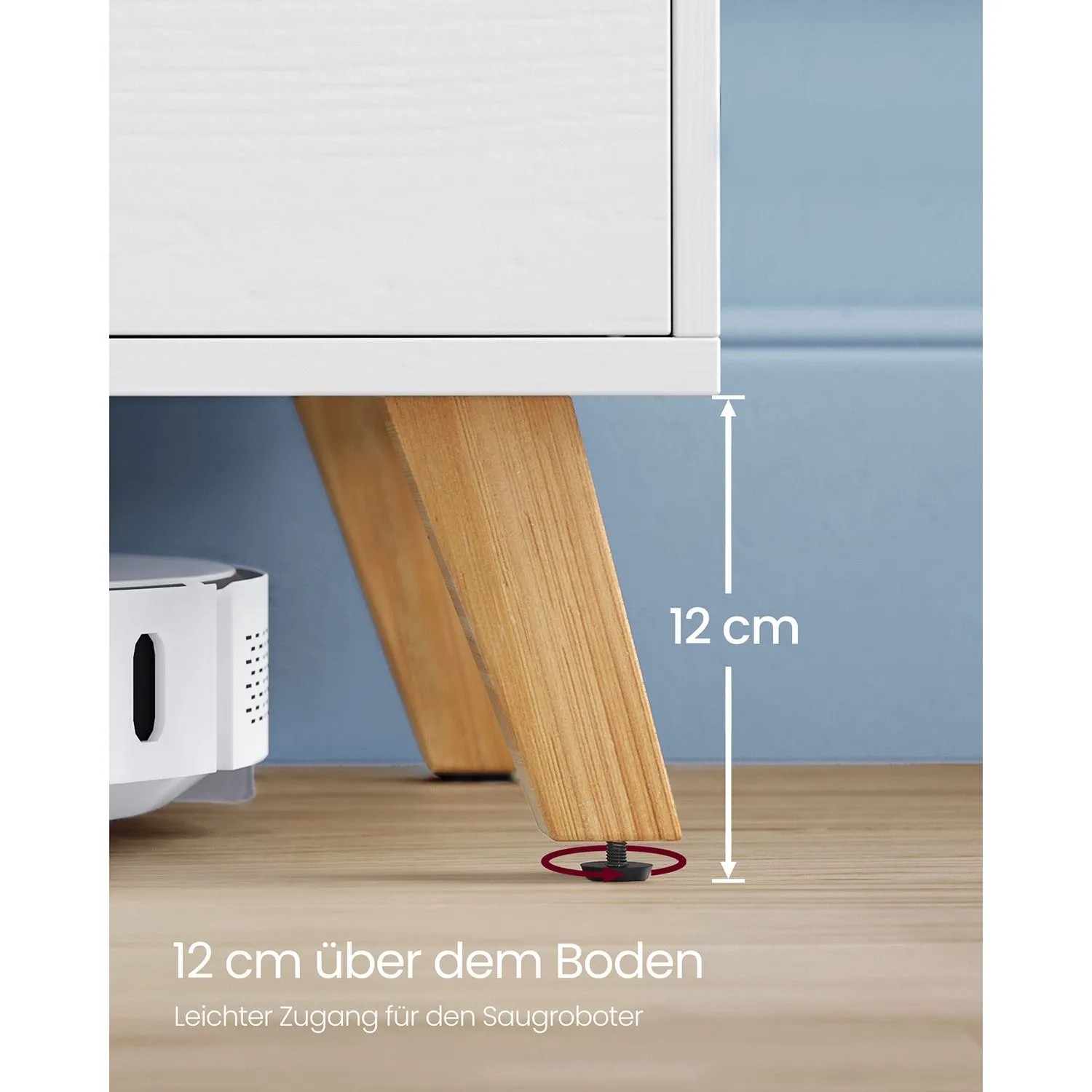 Detailansicht: Weißer Vasagle TV-Schrank mit Holzfüßen, 12 cm Bodenfreiheit für Saugroboter.