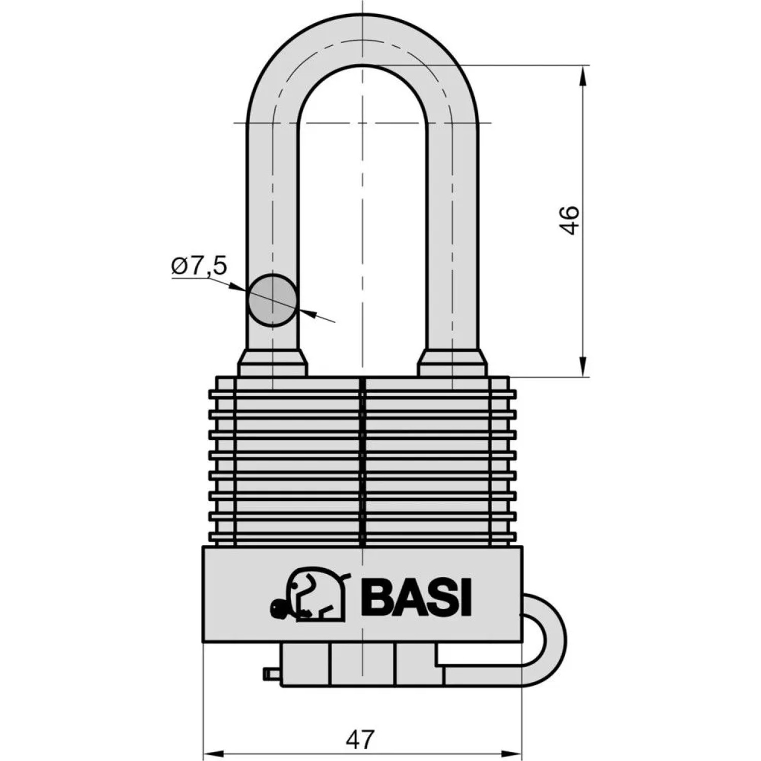 Technische Zeichnung des Basi Vorhangschlosses 47 mm mit hohem Bügel, Maße 47x46x7,5 mm.