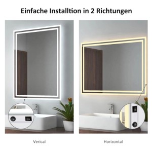 Emke LED Badspiegel 80x60cm, rechteckig, vertikal/horizontal montiert, Kaltweiß/Warmweiß, Kippschalter, Anti-Beschlag.