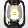 Schwarze Halloween-Laterne mit leuchtendem LED-Gespenst. Gruselige Dekoration für Halloween-Partys.