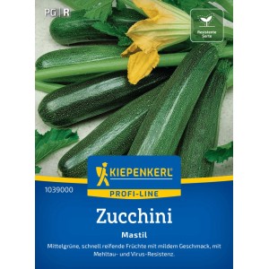 Kiepenkerl Zucchini Mastil F1 Saatgut: Mittelgrüne Zucchini und gelbe Blüte auf der Packung.