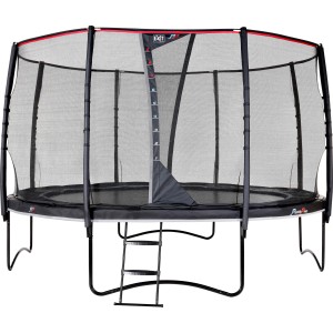 Schwarzes EXIT PeakPro Gartentrampolin Ø 427 cm mit Sicherheitsnetz und Leiter.